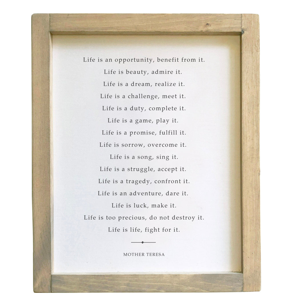 Life Is An Opportunity / Mother Teresa / Framed Canvas