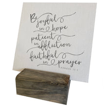 Be joyful in hope, patient in affliction, faithful in prayer mini canvas.   D E T A I L S • You are purchasing the MINI CANVAS ONLY • 7" x 7" approximately • Printed on cotton twill canvas fabric and glued to 1/8" masonite board • ALL MINI CANVAS HOLDERS SOLD SEPARATELY. If you would like a mini canvas block holder or clipboard, please add one of these listings to your cart.