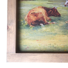 Cows in pasture framed canvas.   D E T A I L S • 19" x 23" overall sized framed canvas • 16" x 20" Cotton Twill Fabric Sign • Saw tooth hanger on back for easy hanging • Each sign is handmade. Frames will vary slightly in color and will have knots and natural wood character. • Signs are made to order and will take approximately 3-4 weeks for production / delivery.