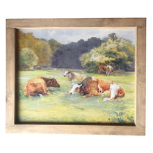 Cows in pasture framed canvas.   D E T A I L S • 19" x 23" overall sized framed canvas • 16" x 20" Cotton Twill Fabric Sign • Saw tooth hanger on back for easy hanging • Each sign is handmade. Frames will vary slightly in color and will have knots and natural wood character. • Signs are made to order and will take approximately 3-4 weeks for production / delivery.