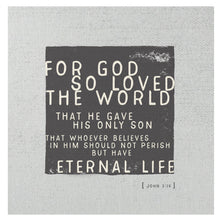 For God so loved the world that He gave His only Son that whoever believes in Him should not perish but have eternal life. John 3:16   D E T A I L S • You are purchasing the MINI CANVAS ONLY • 7" x 7" approximately • Printed on cotton twill fabric and glued to 1/8" masonite board • ALL MINI CANVAS HOLDERS SOLD SEPARATELY. If you would like a mini canvas block holder or clipboard, please add one of these listings to your cart.