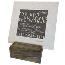 For God so loved the world that He gave His only Son that whoever believes in Him should not perish but have eternal life. John 3:16   D E T A I L S • You are purchasing the MINI CANVAS ONLY • 7" x 7" approximately • Printed on cotton twill fabric and glued to 1/8" masonite board • ALL MINI CANVAS HOLDERS SOLD SEPARATELY. If you would like a mini canvas block holder or clipboard, please add one of these listings to your cart.