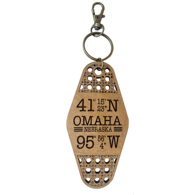 Custom Coordinates Rattan Cane Vintage Hotel Style Wood Keychain