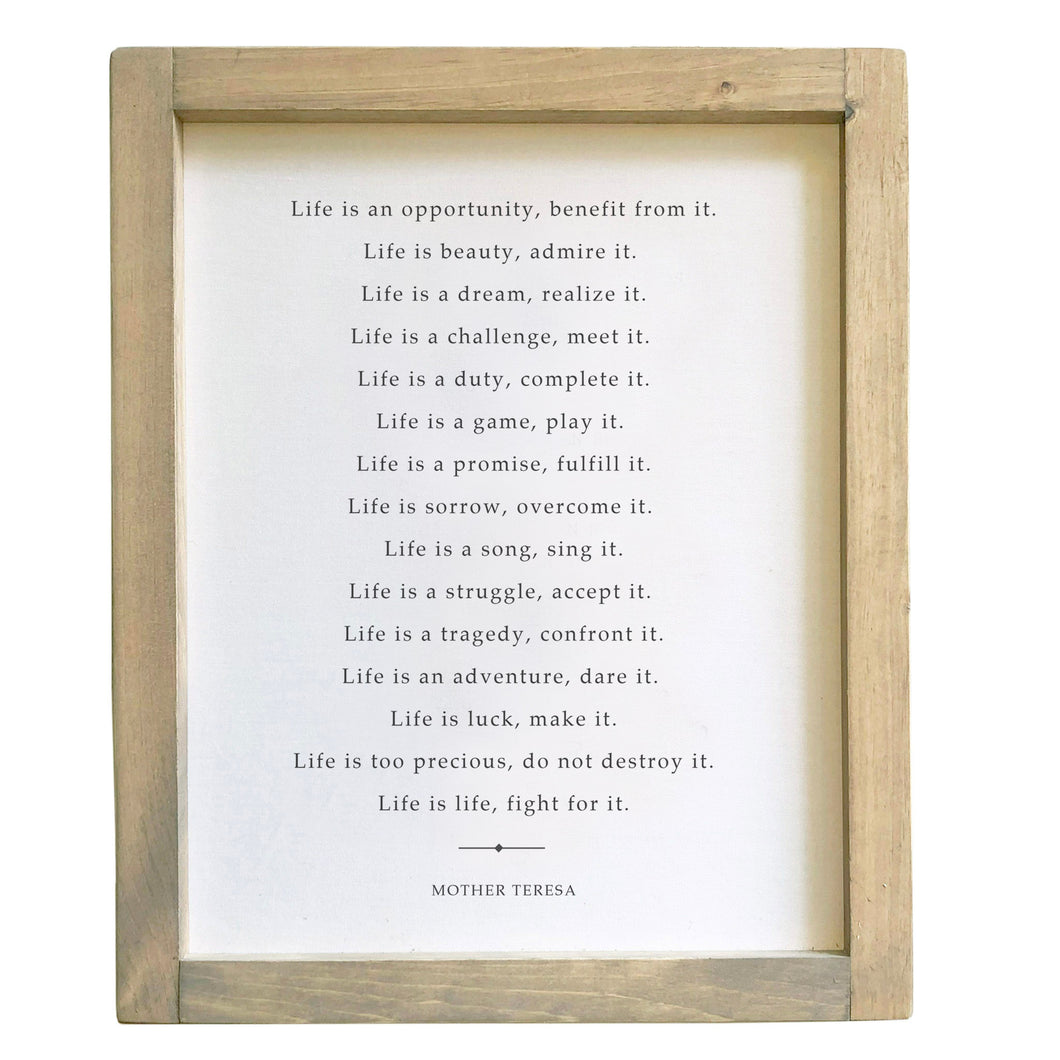 Life Is An Opportunity / Mother Teresa /  Framed Canvas